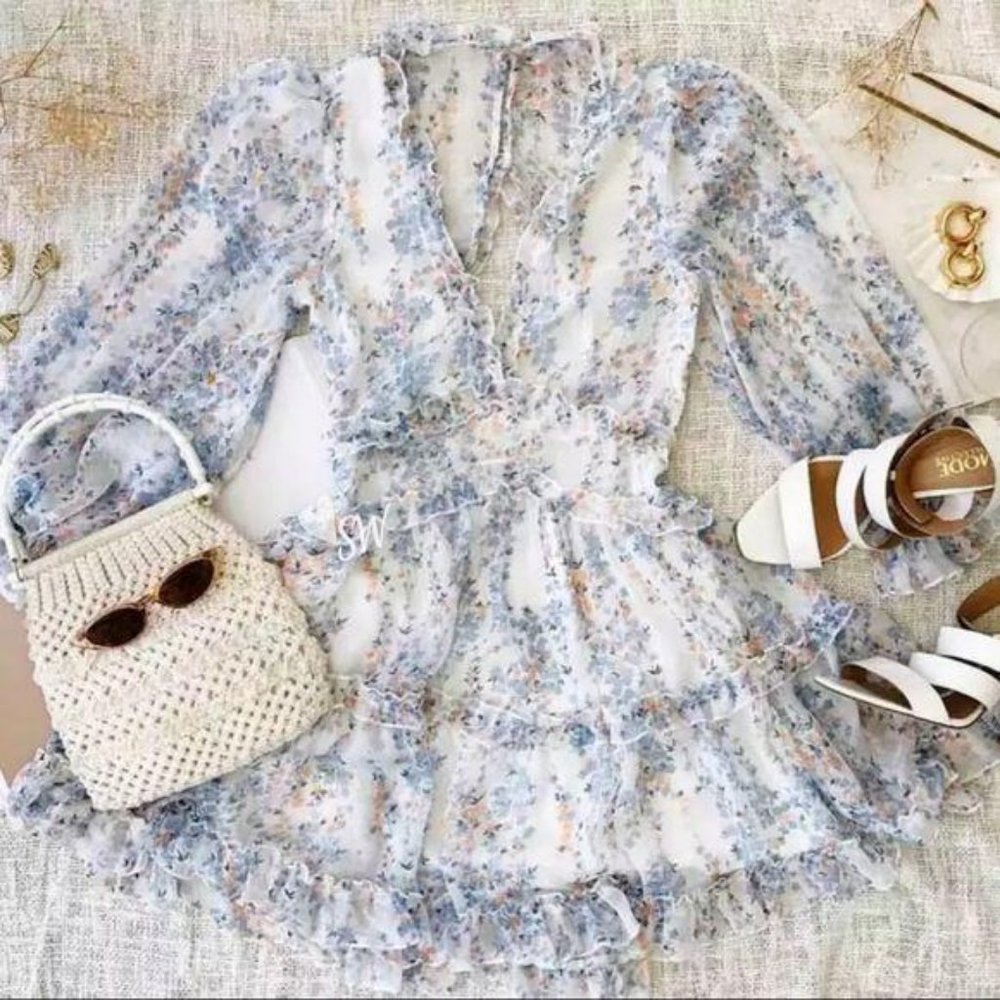 Boho floral Print Ruffle Long Sleeve dress white - Picture 3 of 4